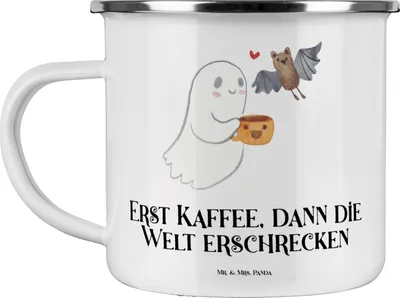 Produktbild von Mr. & Mrs. Panda Emaille Tasse Gespenst Kaffee - Weiß - Geschenk, Teetasse, Haferl, Teebecher, Dekoration, Pott, Kaffeepott