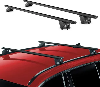 A set of black roof racks is shown against a white background, and another set is mounted on the roof of a red car.
