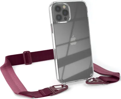 Produktbild von EAZY CASE - Hülle mit Band für Apple iPhone 12 / 12 Pro, Handyhülle mit Umhängeband, Silikonhülle transparent, Handykette in Rot