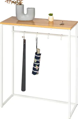 Produktbild von eluno Konsolentisch aus mattweißem Metall mit 1 Holzablage, höhenverstellbare Füße, 4 Haken für Taschen, Regenschirme und Schuhanzieher, im Eingangsbereich, als Beistelltisch oder Sideboard, viel Platz für Bücher, Pflanzen und Deko