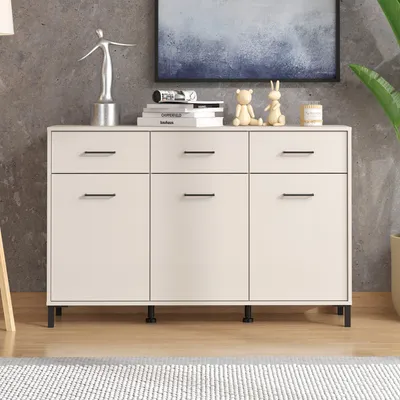 Immagine prodotto di Dmora Credenza Laerru 138x40x90h cm Bianco Crema, 3 Cassetti 3 Ripiani