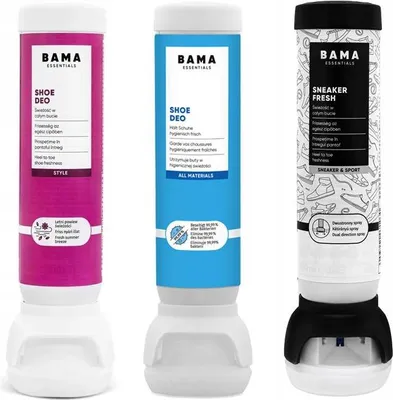 Three bottles of Bama shoe deodorizer are displayed side-by-side against a white background.