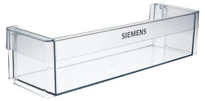 A clear plastic shelf with the Siemens logo on it, likely for a refrigerator.