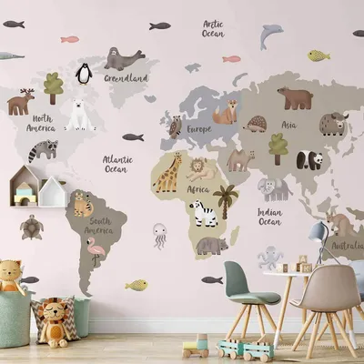 Produktbild von Vlies Fototapete - Pastel Map - Animals and Continents for Children's Room 100x70 cm Karten e-A-10142-a-a