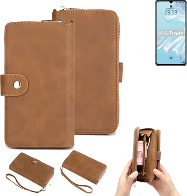 Produktbild von K-S-Trade Handyhülle Schutzhülle kompatibel mit Huawei P30 Pro & Portemonnee Tasche Handytasche Case Etui Geldbörse Wallet braun (1x)