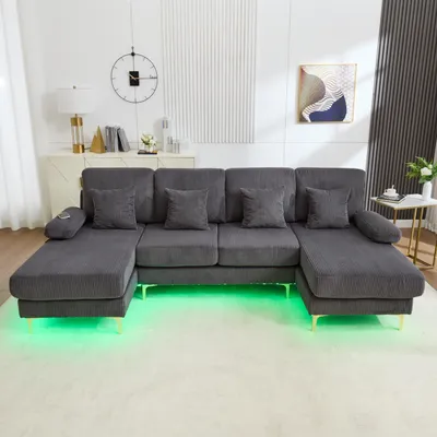 Produktbild von LVHOM U-Form Ecksofa mit Schlaffunktion & LED-Beleuchtung, Wohnzimmersofa mit USB-Anschluss, Cord Stoff Couch Sofa, Grau