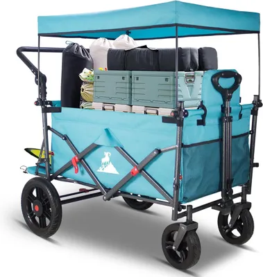 Productafbeelding van Opvouwbare bolderwagen - Transportwagen met stoelen - Familie uitstapjes - Inclusief dak en stoelen - 180L capaciteit - Hemelsblauw