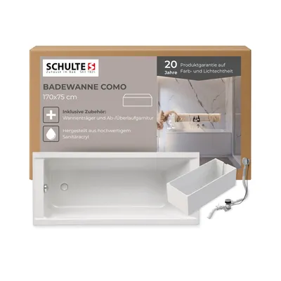 Produktbild von Schulte Körperform-Badewanne Modell Como, Weiß Sanitäracryl, 170x75 cm, Höhe 58 cm, inkl. Set Hartschaum-Wannenträger + Ab- und Überlauf