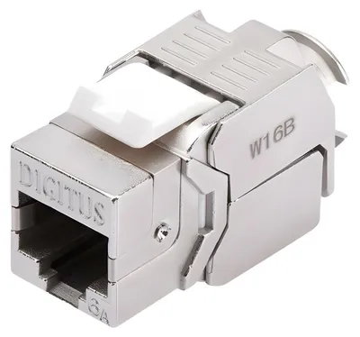 Produktbild von Digitus CAT 6A Keystone Modul, geschirmt, werkzeugfreier Montageanschluss, Silber, Nickel, Zink, -20 - 70 °C, 14 mm, 34 mm