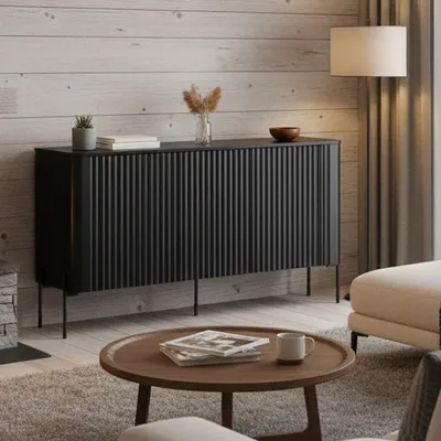 Image de Susegana - Buffet 150x40x80h cm Noir, 3 étagères