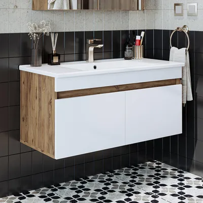 Image de Ensemble de meubles de salle de bains Roomart ATRIA-100 – Ensemble de meubles de salle de bains 2 pièces - Lavabo avec meuble sous-vasque - H 45 x L 45 x P 100 cm • Chêne blanc