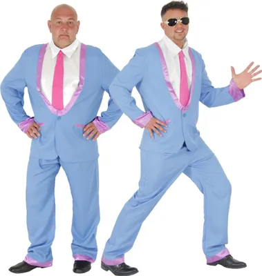 Two men posing in matching blue suits with pink trim.