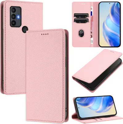 Produktbild von Litchi Leder Handyhülle für TCL 30 SE Wallet Kartenfächer Standfunktion Hülle Pink