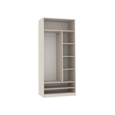 An empty wardrobe with shelves and a hanging rod.