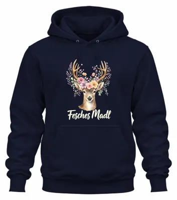 Productafbeelding van Meisjeskleding, ree, herten, bloemen, traditioneel shirt, lederen broek, hoodie, sweater met capuchon, marineblauw, maat XL