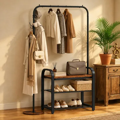 Produktbild von Garderobenständer Kleiderständer, 32 x 99 x 150 cm, Garderobe mit 3 Haken und Schuhregal