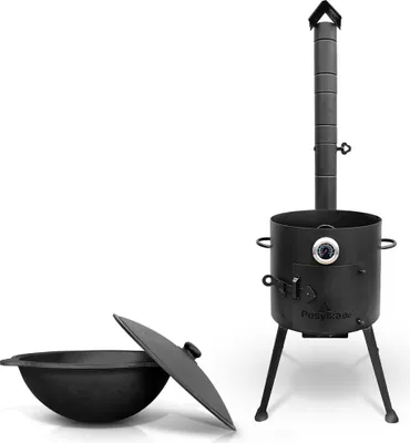 Produktbild von Set - Feuerofen - KasanoFF, für Kasan 10 Liter, Ø 36 cm + Gusseisenkasan, Aluminiumdeckel, runder Boden, Ø 38,5 cm, 10 l + Thermometer