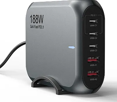 Produktbild von 188W GaN Ladegerät 5-Port - 3× USB-C PD3.1 & 2× USB-A Schnelllade-Desktop-Ladestation mit EU-Stecker, kompakt & leistungsstark