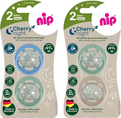 Produktbild von NIP Cherry Rundsauger Schnuller NIGHT Gr.2 ab 6+ Monate Black night & Milky White leuchtet im Dunkeln