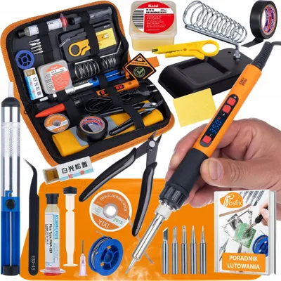 Zdjęcie produktu dla Rosfix Set Pro 80W LCD 16w1 – Zestaw lutowniczy z topnikami, 5 grotami, odsysaczem, pesetą, szczypcami, etui, cyną i poradnikiem PDF | 180–500°C | RMA-223 | ZJ-18 | Kalafonia | ESD | Organizer
