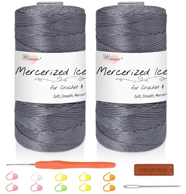 Image de Fil de macramé, 1,5 mm, ensemble de 2 x 100 g, avec crochet de 2,5 mm et accessoires, couleur gris, polyester