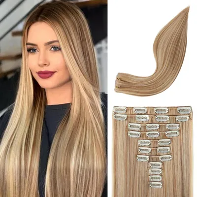 Produktbild von Clip in Haarverlängerungen 11-teiliges Set 61 cm Glatt Dunkelblond mit Strähnen Aschblond Synthetik