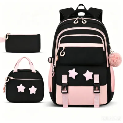 Produktbild von Schulranzen Set 3-teilig, Leichter Rucksack Wasserdicht, 16 Zoll Laptopfach, Brotdose Tasche Federmäppchen, Schüler Rucksack, Rosa