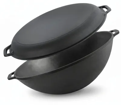 Produktbild von Gusseisen Wok 36 cm mit Deckel-Bratpfanne Kazan 8 L flacher Boden – Kessel für alle Herdarten, Induktion, Gas & Elektro – großer Asia Wok