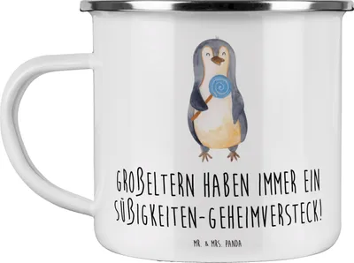 Produktbild von Mr. & Mrs. Panda Emaille Tasse Großeltern Süßigkeiten - Weiß - Geschenk, Becher, Generationen, Teetasse, Weihnachten, Enkelkinder, Haferl, Liebe, wanderbecher, Pott