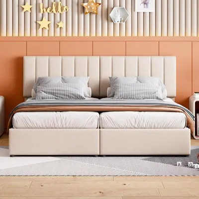 Obrázok produktu pre Postel s čalúneným rámom, rozmer 180x200 cm, v béžovej farbe, s hydraulickým úložným priestorom, poťahom z ľanu, nastaviteľnou opierkou hlavy a roštom