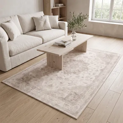 Produktbild von Vika Living Vintage-Teppich Kurzflor 150x80 cm – Waschbar & Rutschfest – Dünner Teppich für Wohnzimmer, Schlafzimmer & Flur – Medaillon Beige-Creme