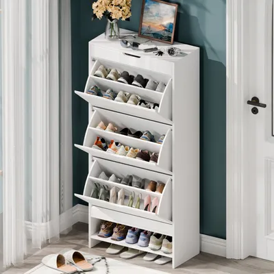 Produktbild von AIORBER Schuhschrank, oben ausziehbarer Fachboden, 3 Schubladen, großer Stauraum, Lack-weiß, für Flure, Eingangsbereiche, 63 x 29,5 x 136,5 cm, Weiß