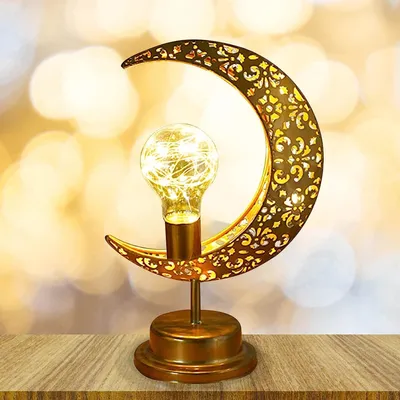 Produktbild von Welikera Ramadan Dekoration Licht, Eid Nachtlicht, Batteriebetrieben hängende Tischlampe mit Ständer, Muslim Mubarak Eid Hängende Metall LED Tischlampe für Urlaub Party Wohnkultur