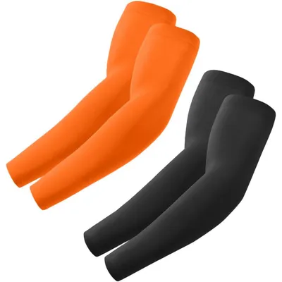 Immagine prodotto di Maniche protettive UV per donna e uomo, colore nero e arancione, ideali per lo sport e l'uso quotidiano