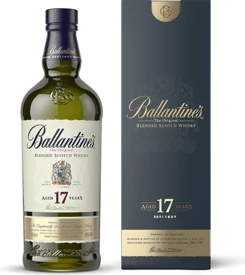 A bottle of Ballantine's 17 Years Old blended Scotch whisky and its matching presentation box, displayed against a white background.