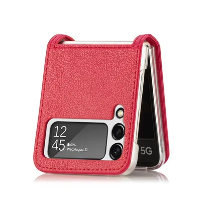 A red flip phone case is shown against a white background.