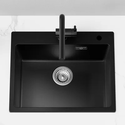 Produktbild von Granitspüle & Küchenspüle 55 x 45 cm, pflegeleichte Küchenspüle, Einbauspüle Schwarz, Hitzebeständig Kratzfest, Cecipa Spülbecken mit Siphon