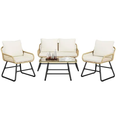 Produktbild von Yaheetech 4-tlg. Gartenmöbel-Set aus Polyrattan, 2-Sitzer & 2 Sessel & 1 Tisch, Lounge-Set mit Sitzkissen, Sitzgruppe für Balkon Terrasse, Bohème-Stil