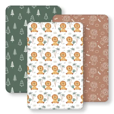 Productafbeelding van 3-delige set aansluitlakens voor babybedje, microvezel, bruin/groen, met leeuwprint