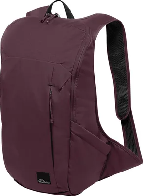 A product shot of a burgundy backpack against a white background.