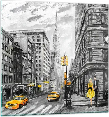 Produktbild von Bilder auf glas - Stadt Taxi Wolkenkratzer Illustration - 30x30cm - Glasbilder - Wandbilder - Kunstdruck - Wanddekoration aus Glas - Glas Bilder - Wandbild auf Glas - GAC30x30-3148
