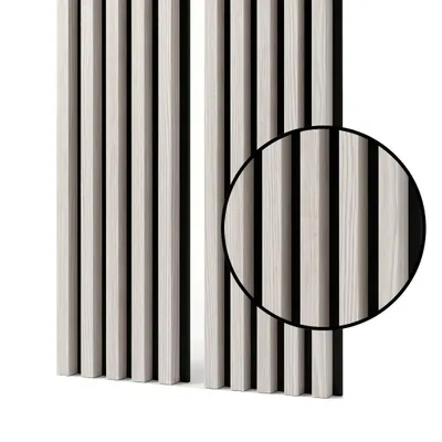 Obrázek produktu pro MEBANO. Akustické panely z dřeva, rozměry 240 x 53 cm, barva: bělená borovice. Nástěnné panely, dřevěné panely na zeď, moderní lamely na zeď s filcovým podkladem, obklady stěn z MDF