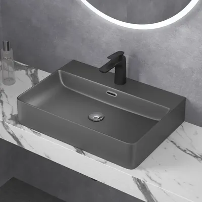 Immagine prodotto di doporro Lavabo da Appoggio Lavandino Sospeso Bagno Rettangolare 60 cm in Vetroceramica Antracite Opaco con Foro per Rubinetto e Troppopieno - Meissen201