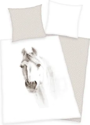 A flat lay of bedding with a horse graphic.