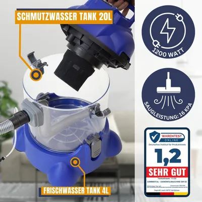 Obrázek produktu pro Vysavač na čalounění + koberce HYDRO 7500 - vysavač 4v1 na mokré/suché vysávání - 1200 W 20l objem 16 kPa sací výkon - čistič čalounění Čistič koberců Čistící zařízení Profesionální repasování