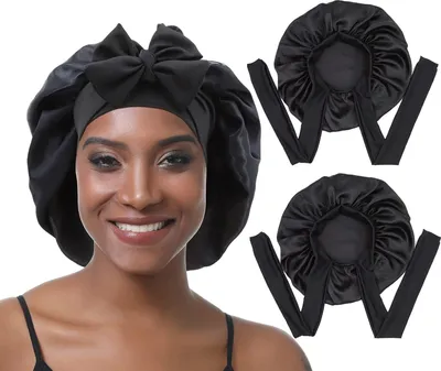 Produktbild von 2 Stück Satin Bonnet Schlafhaube – Verstellbare Seidenhaube für Nacht, Weiche und Atmungsaktive Schlafmütze für Damen und Mädchen