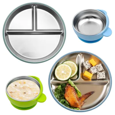 Image de Lot de 2 assiettes pour bébé avec ventouse, en acier inoxydable et en silicone