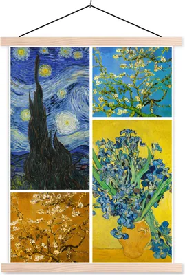 Produktbild von MuchoWow® Textilposter Collage - Van Gogh - Sternennacht 60x80 cm mit holzfarbenen Rahmen - Wandbild