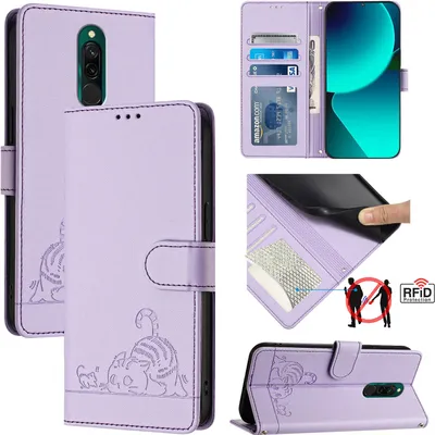 Produktbild von Leder Hülle für Xiaomi Redmi 8 Süße Katze Flip Case Brieftasche Schutzhülle mit Standfunktion Lila