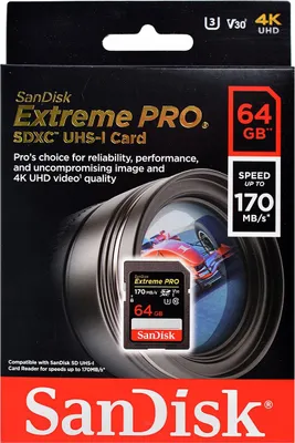 Zdjęcie produktu dla SanDisk Exrteme PRO 64 GB, 64 GB, SDXC, Klasa 10, UHS-I, 170 MB/s, 90 MB/s